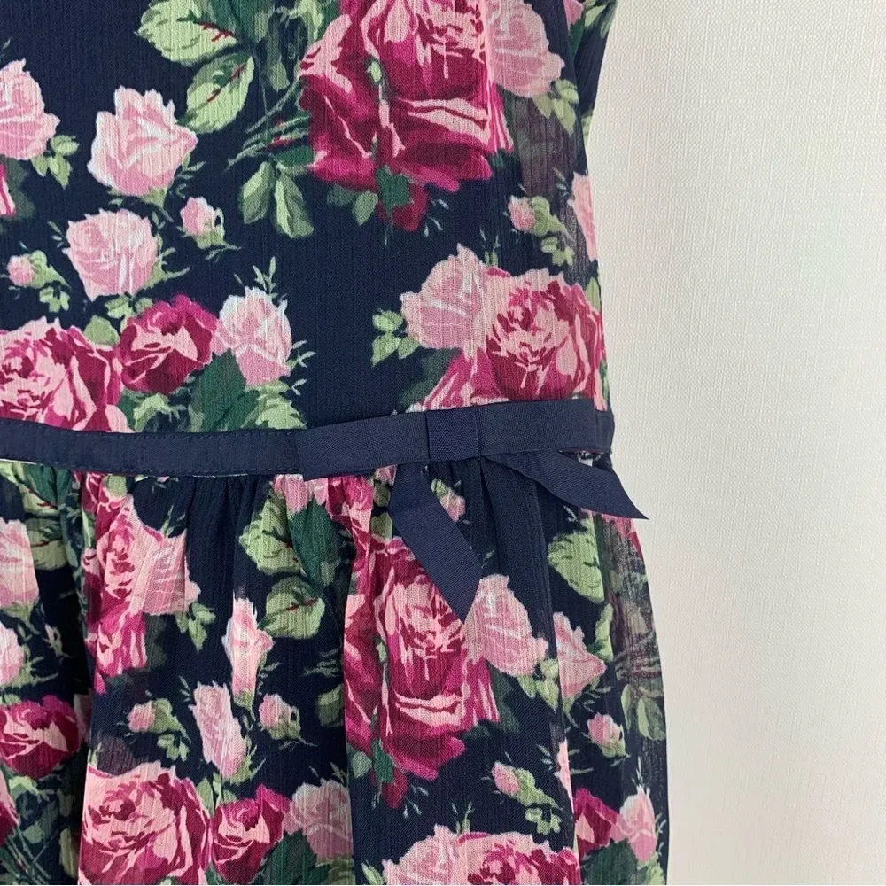 Janie And Jack Girl’s Navy Pink Floral Chiffon Ruffle Dress Size 7